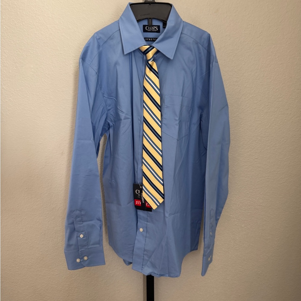 Chaps Kids Blue Button Down Shirt with Yellow Clip On Tie